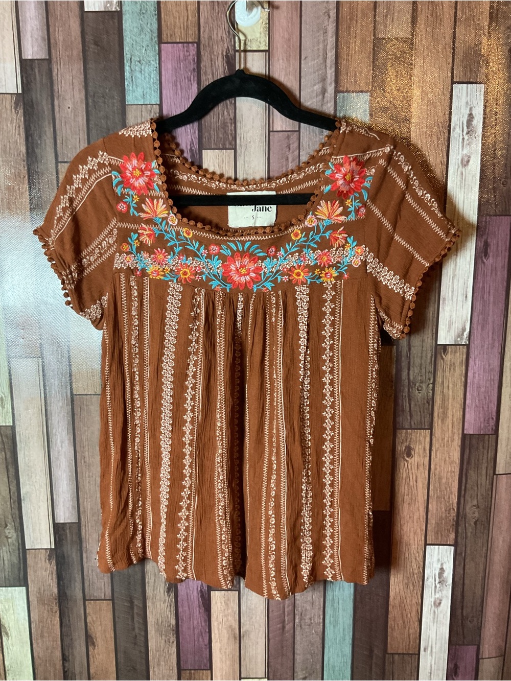 Savanna Jane Brown Cream Floral Embroidered Short Sleeve Top Size Small
